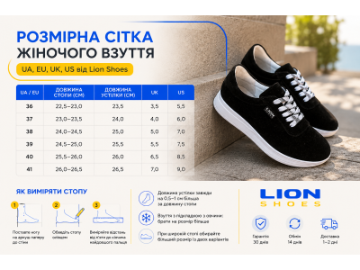 Розмірна сітка жіночого взуття: таблиця UA, EU, UK, US від Lion Shoes